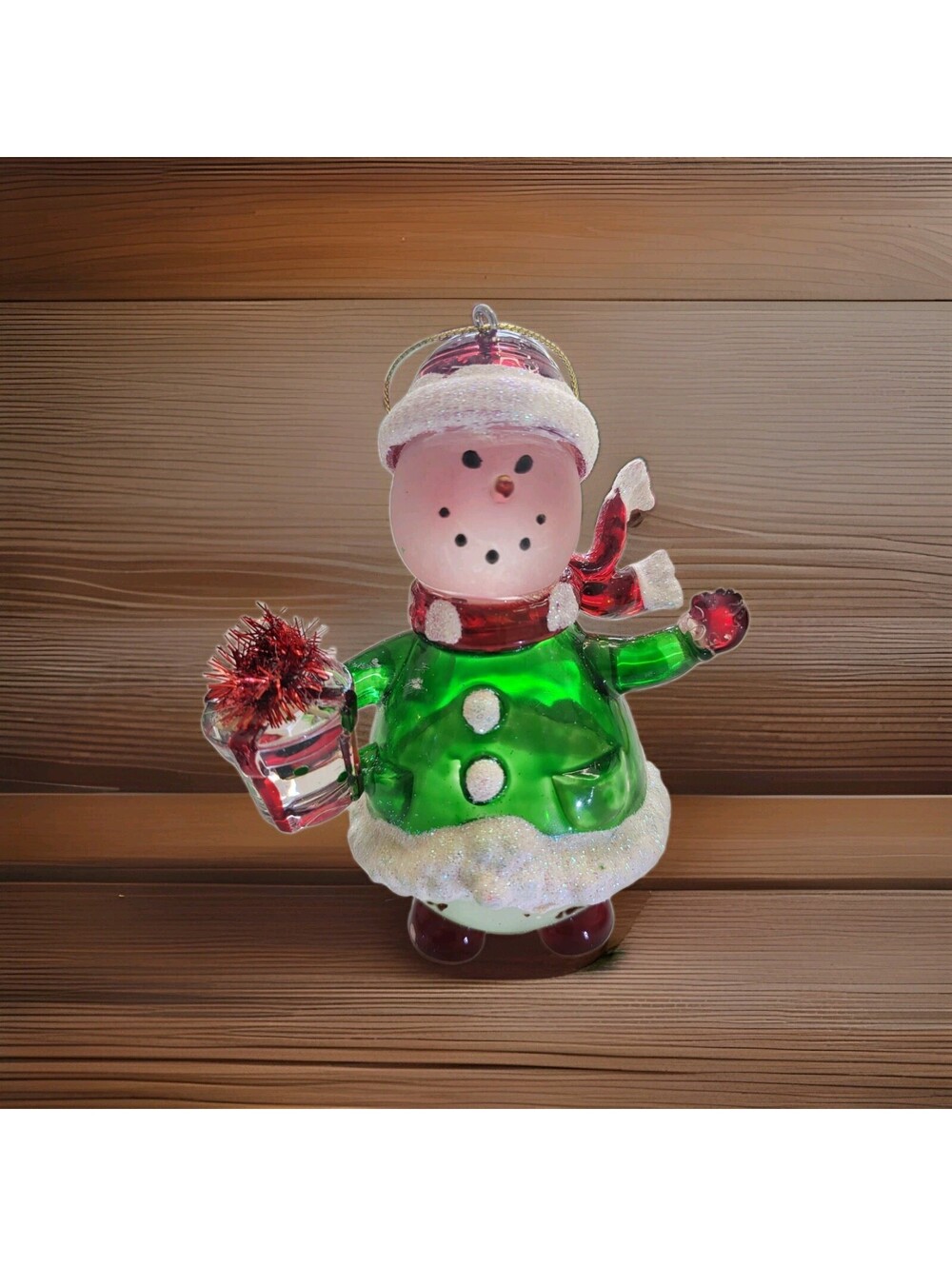 Vtg Christmas Ornament Snowman W Gift Acrylic Unique EUC 3D 4.75" A99